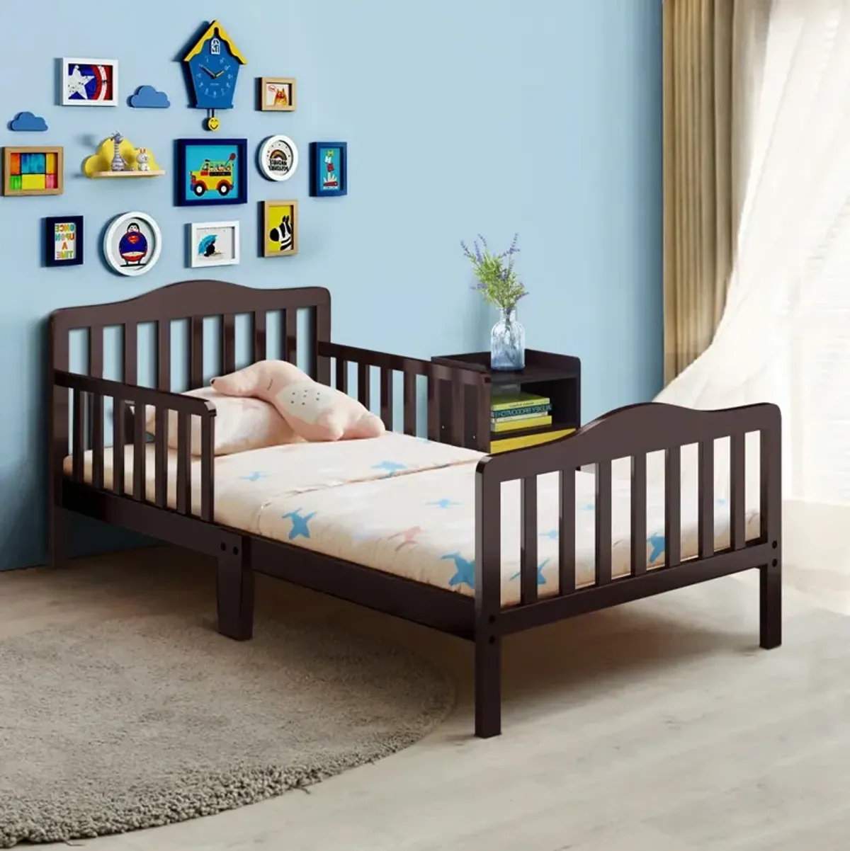 Classic Design Kids Wood Toddler Bed Frame with Two Side Safety Guardrails