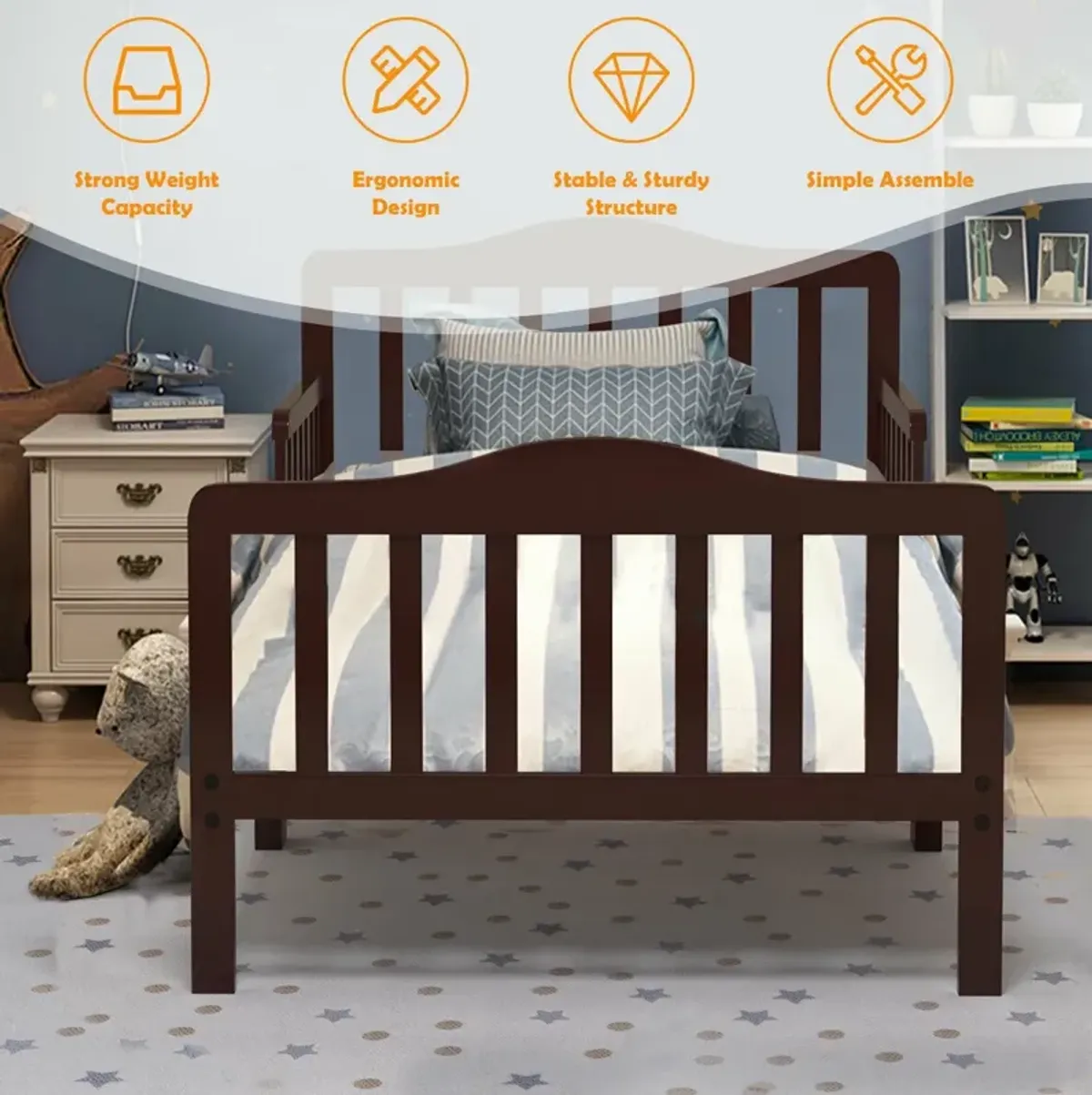 Classic Design Kids Wood Toddler Bed Frame with Two Side Safety Guardrails