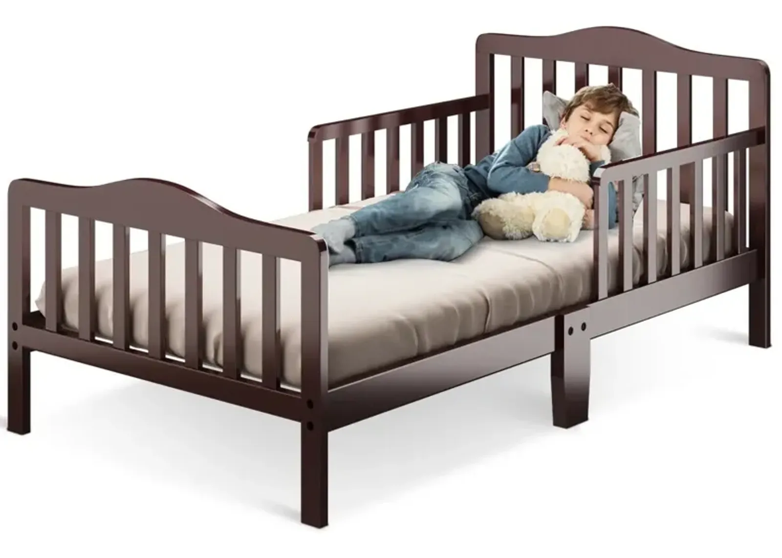 Classic Design Kids Wood Toddler Bed Frame with Two Side Safety Guardrails