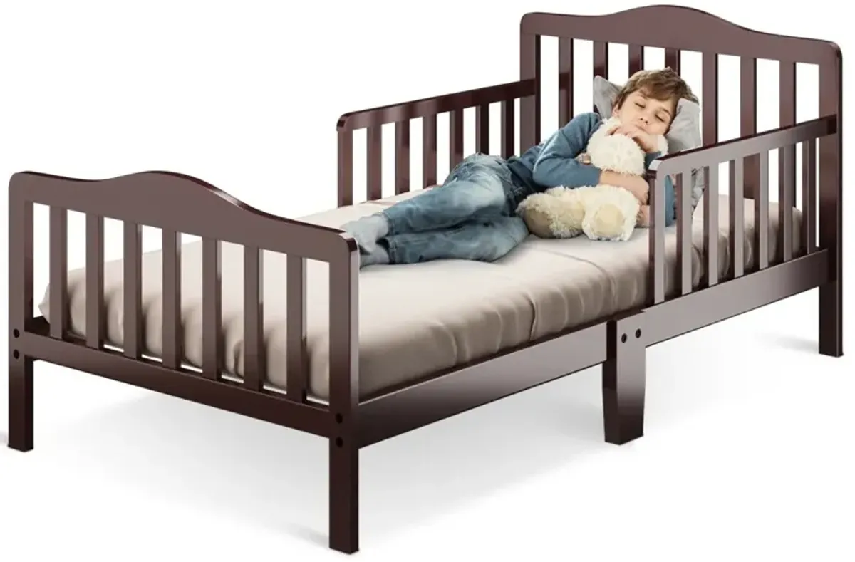 Classic Design Kids Wood Toddler Bed Frame with Two Side Safety Guardrails