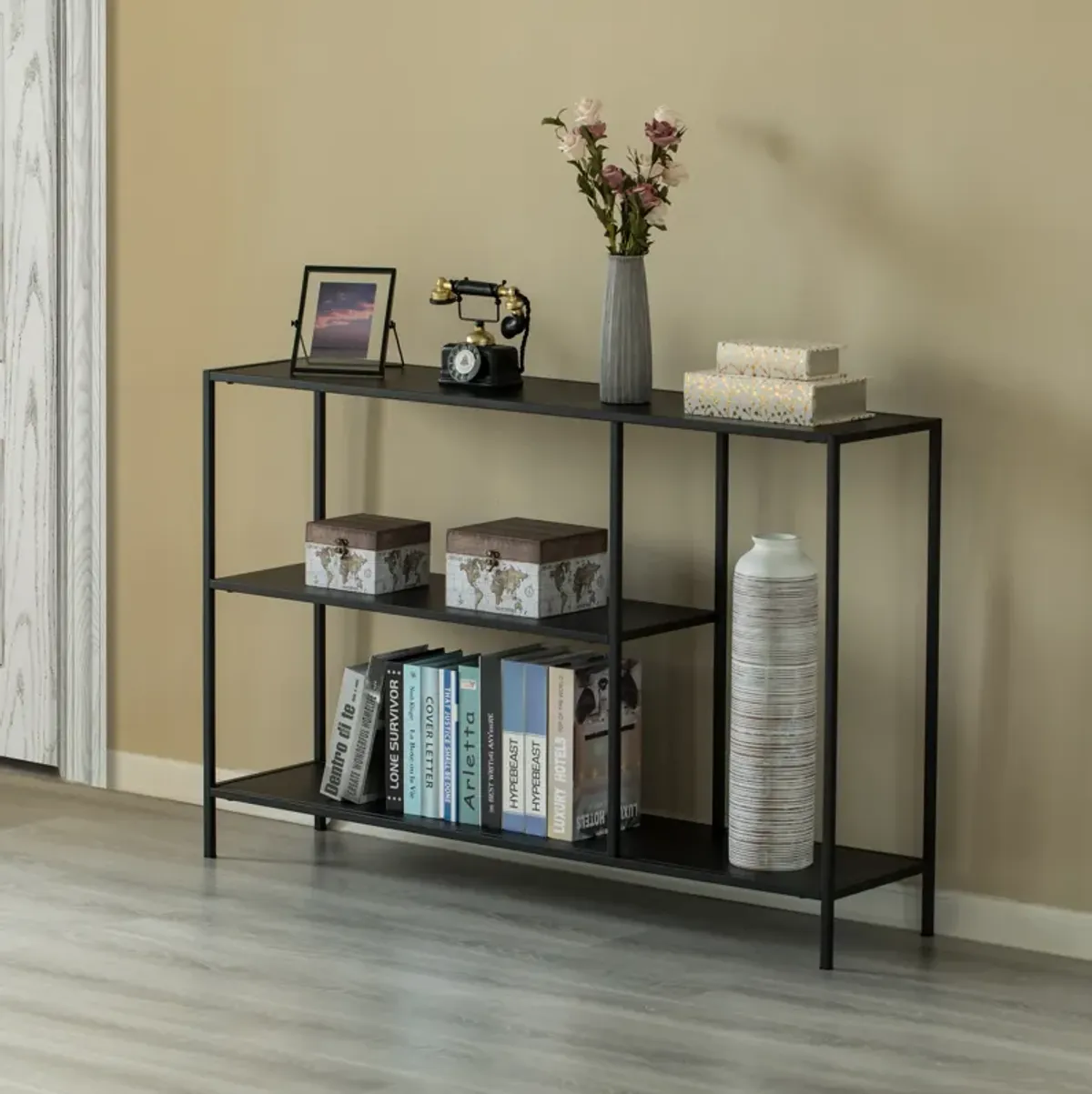 Modern Display Metal Console Table with Open Shelfs, for Dining, Entryway and Hallway, Black