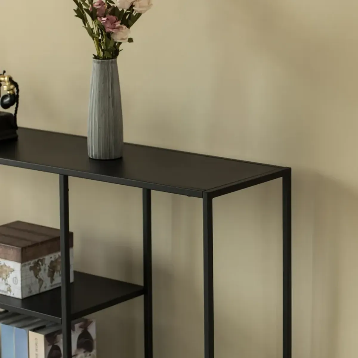 Modern Display Metal Console Table with Open Shelfs, for Dining, Entryway and Hallway, Black