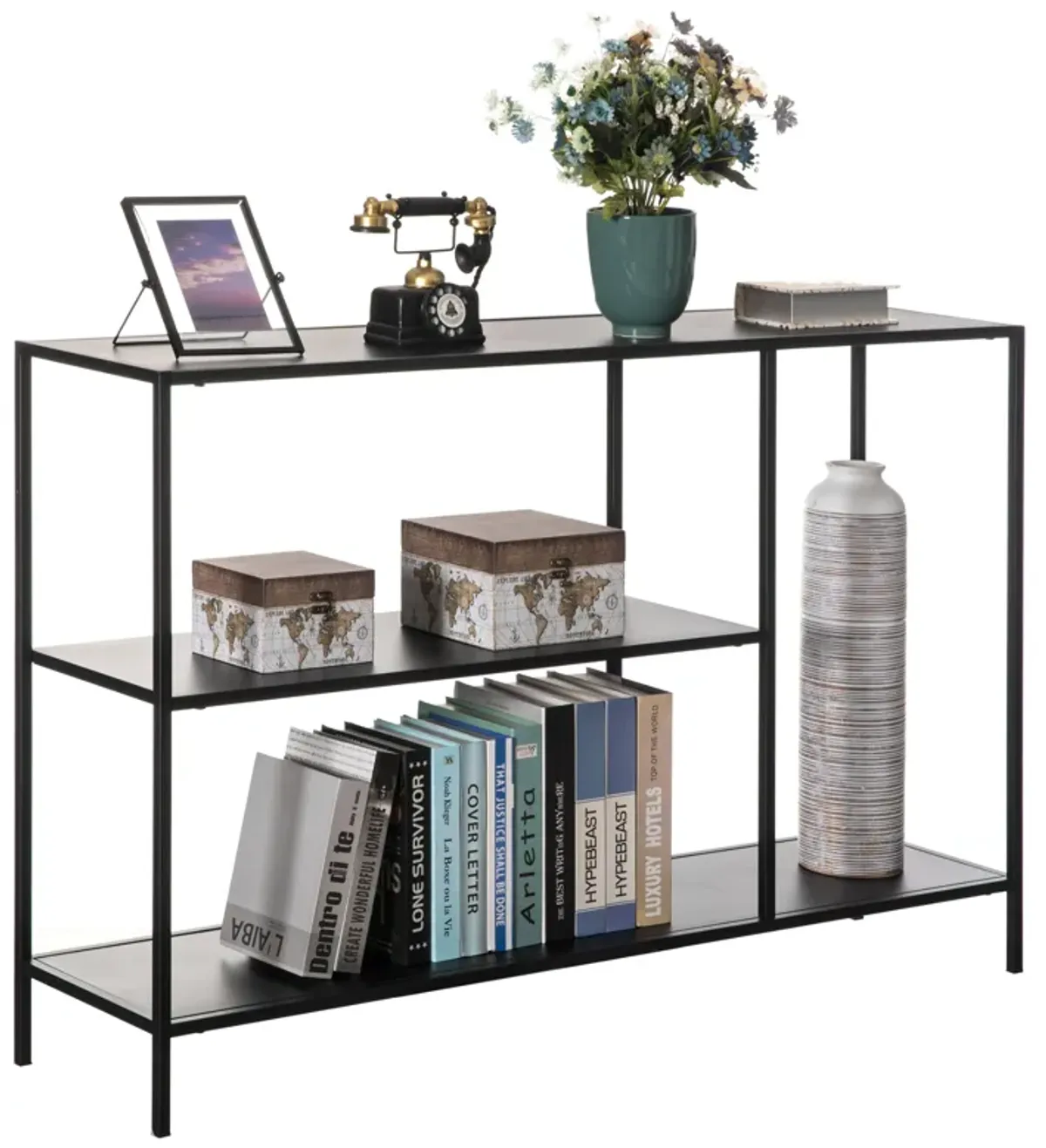 Modern Display Metal Console Table with Open Shelfs, for Dining, Entryway and Hallway, Black