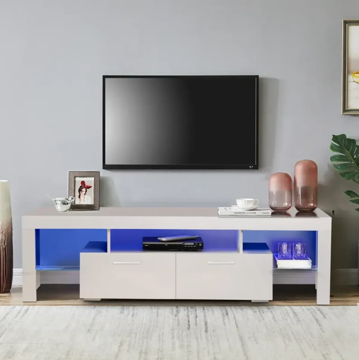 Modern TV Stand With LED Lights, High Glossy Front TV Cabinet