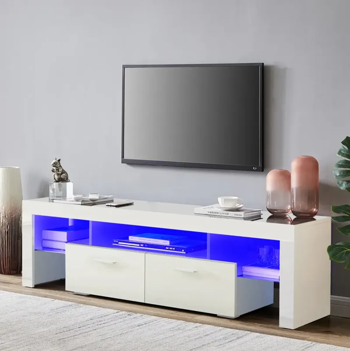 Modern TV Stand With LED Lights, High Glossy Front TV Cabinet