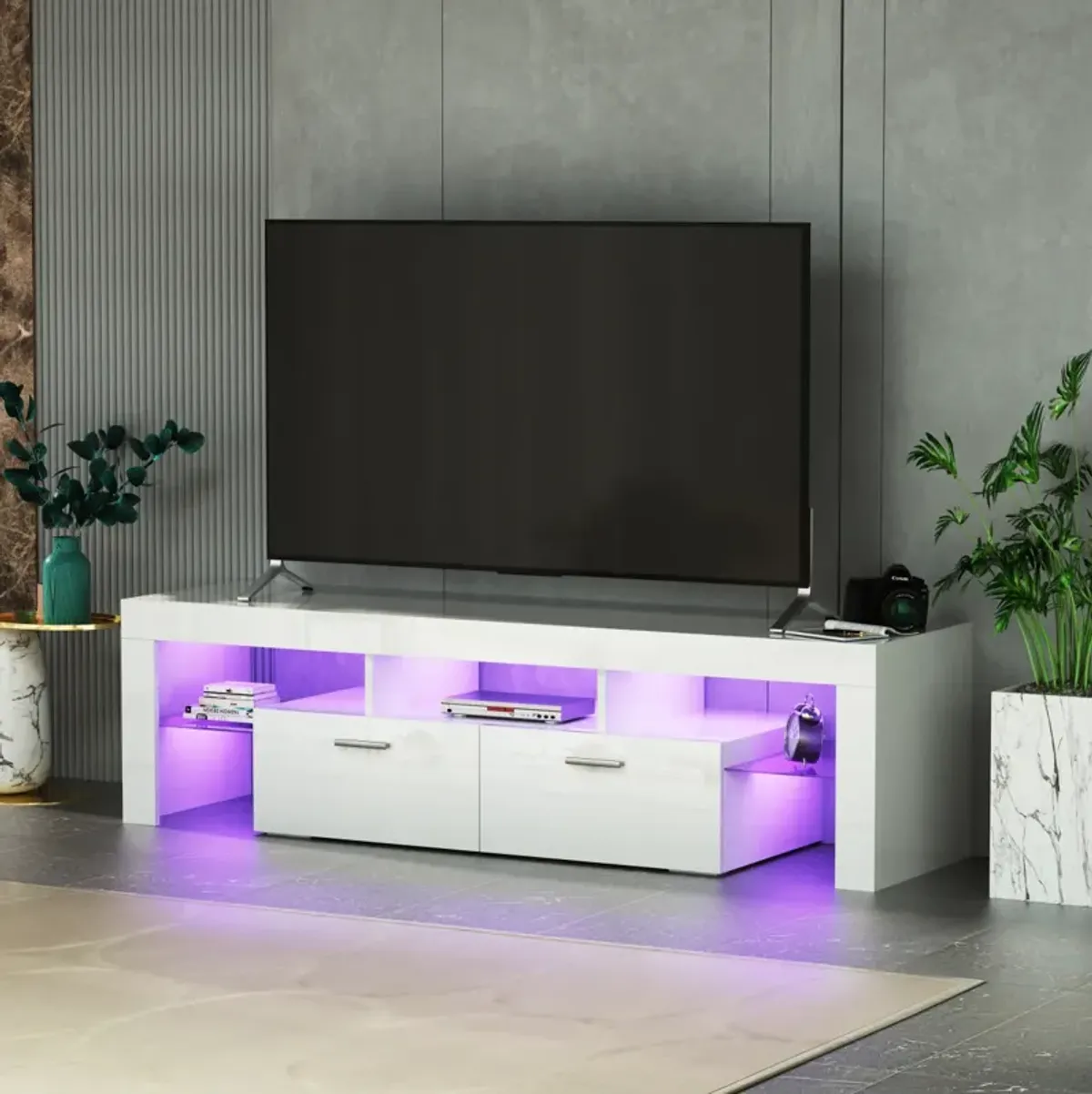 Modern TV Stand With LED Lights, High Glossy Front TV Cabinet