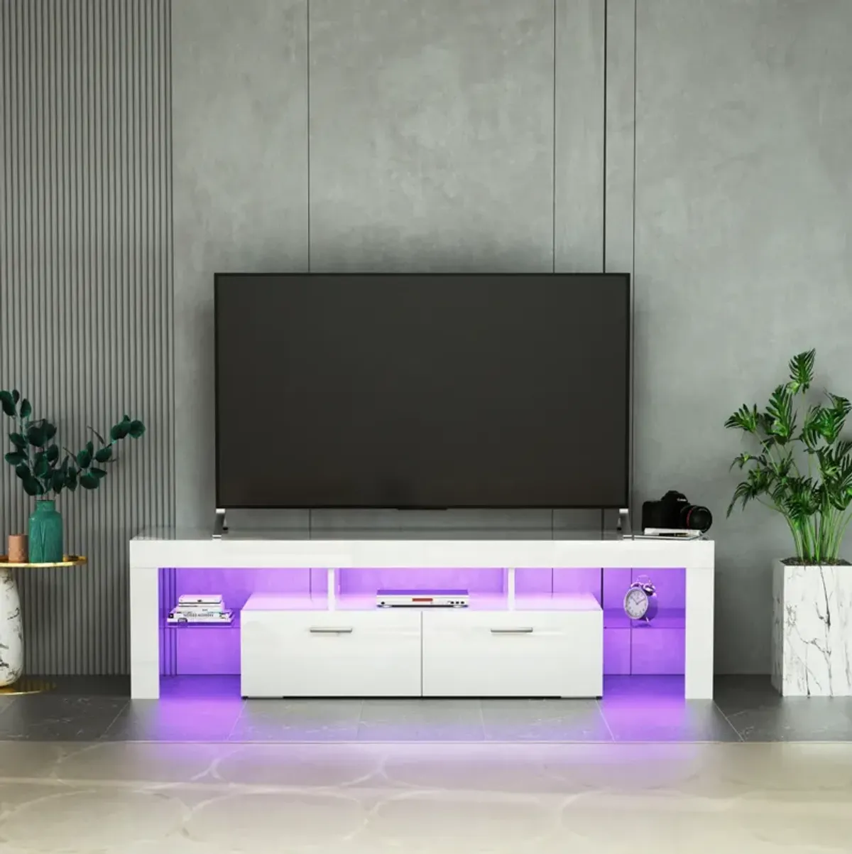 Modern TV Stand With LED Lights, High Glossy Front TV Cabinet