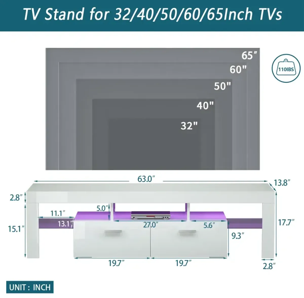 Modern TV Stand With LED Lights, High Glossy Front TV Cabinet