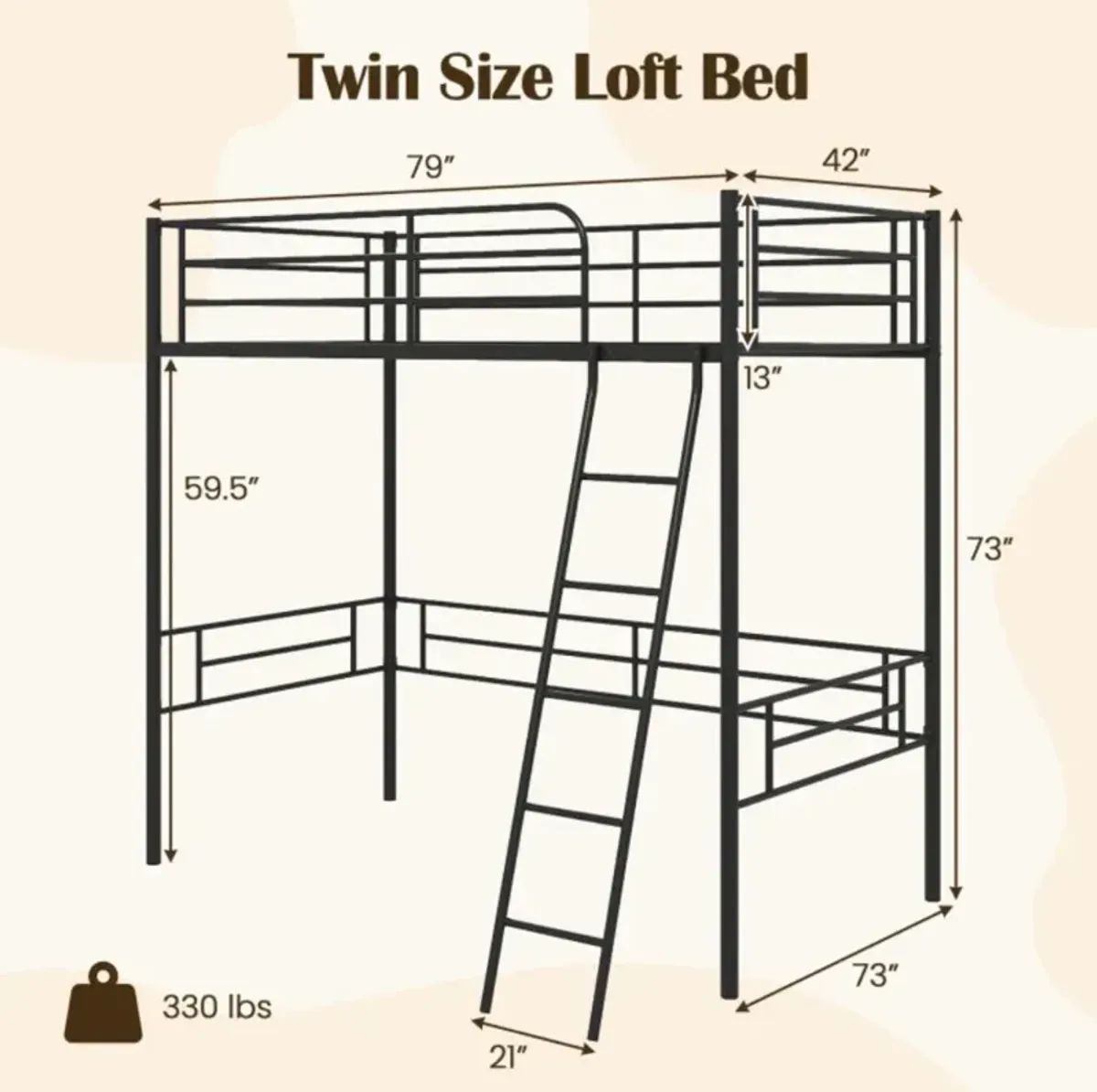 Hivvago Twin Metal Loft Bed Frame with Ladder and Metal Slats Support-Black