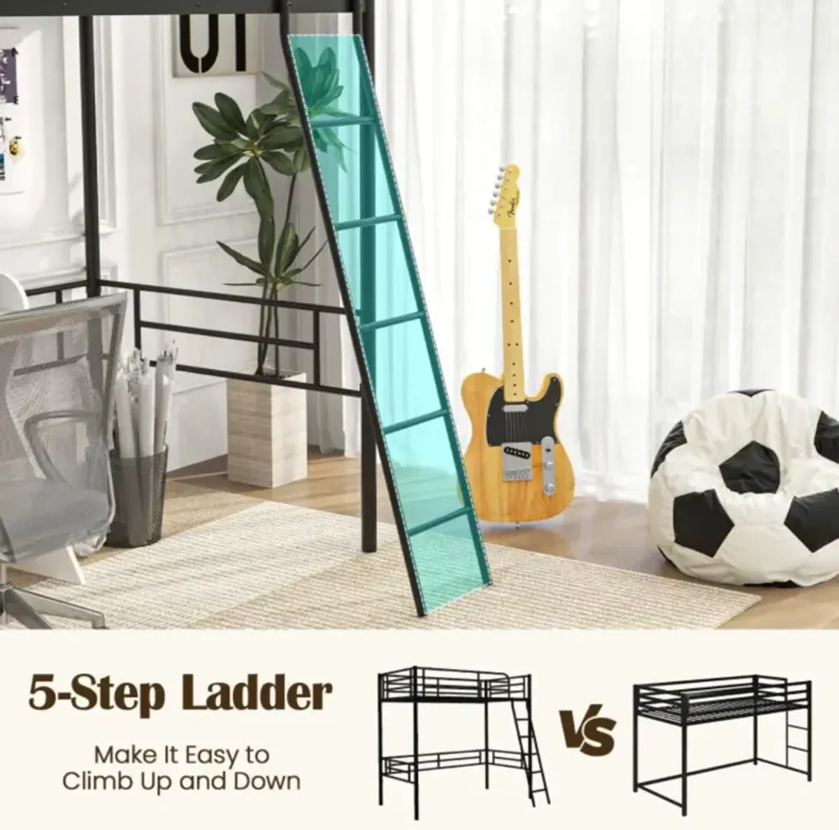 Hivvago Twin Metal Loft Bed Frame with Ladder and Metal Slats Support-Black