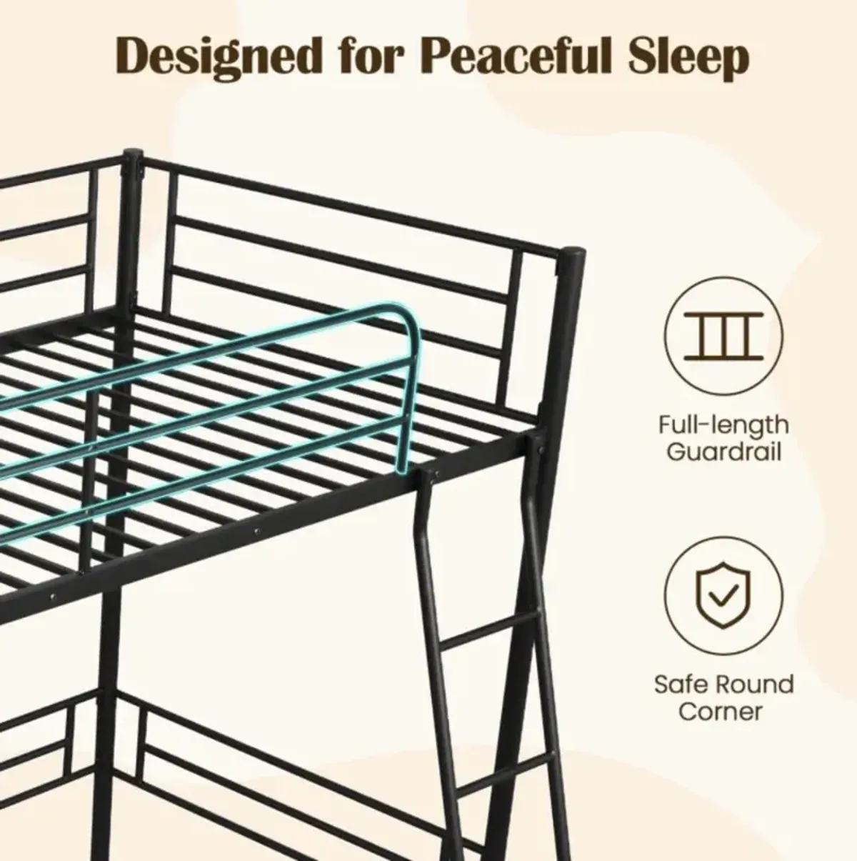 Hivvago Twin Metal Loft Bed Frame with Ladder and Metal Slats Support-Black