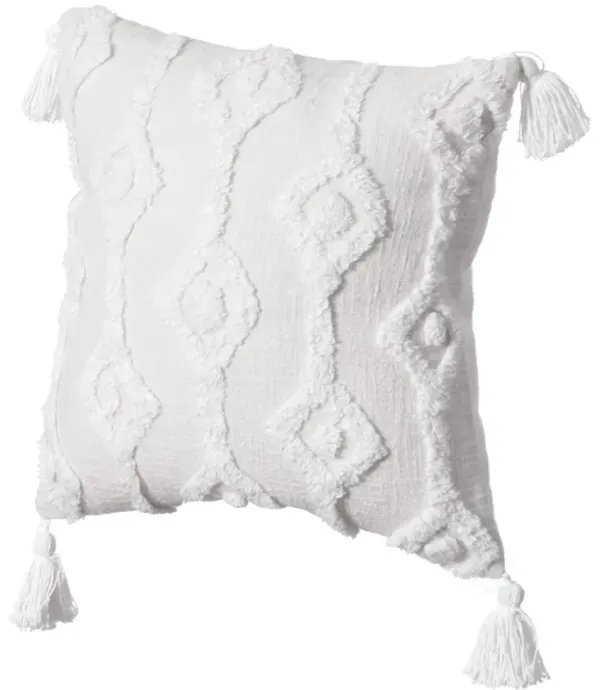 16" Handwoven Cotton Throw Pillow Cover with Small White Tufted Diamond Pattern and Tassel Corners with Filler, White