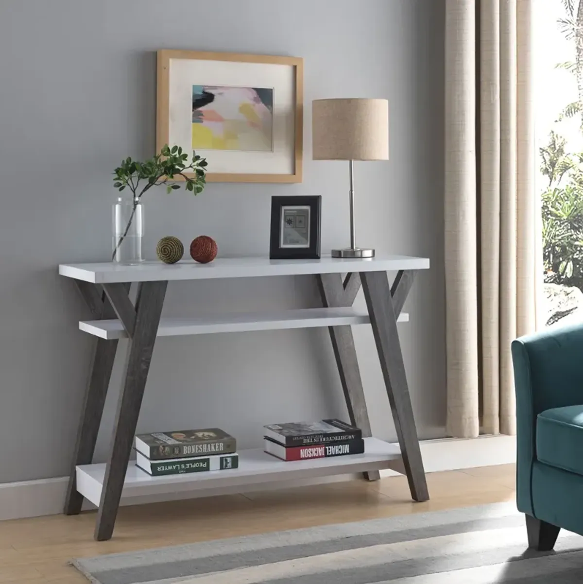 White and Distressed Grey Console Table with 3 Shelves for Display and Decoration