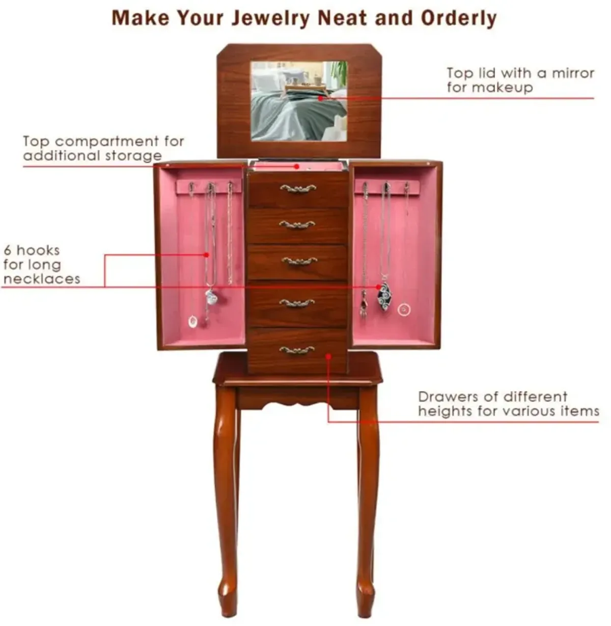 Hivvago Large Storage Capacity Jewelry Cabinet with 5 Drawers