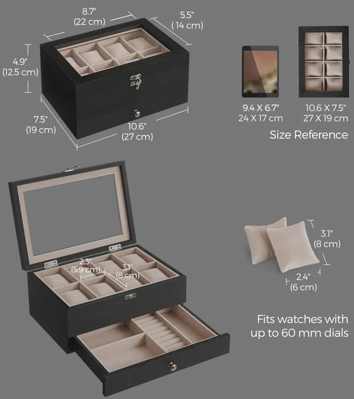 Black Solid Wood Watch Box with Pillows and Glass Lid - Perfect for Men