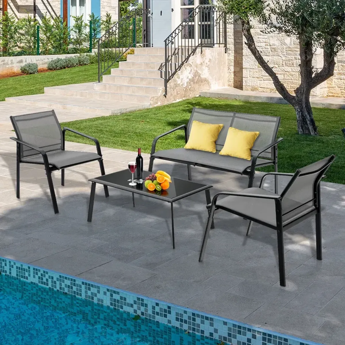 4 Pieces Patio Furniture Set with Armrest Loveseat Sofas and Glass Table Deck