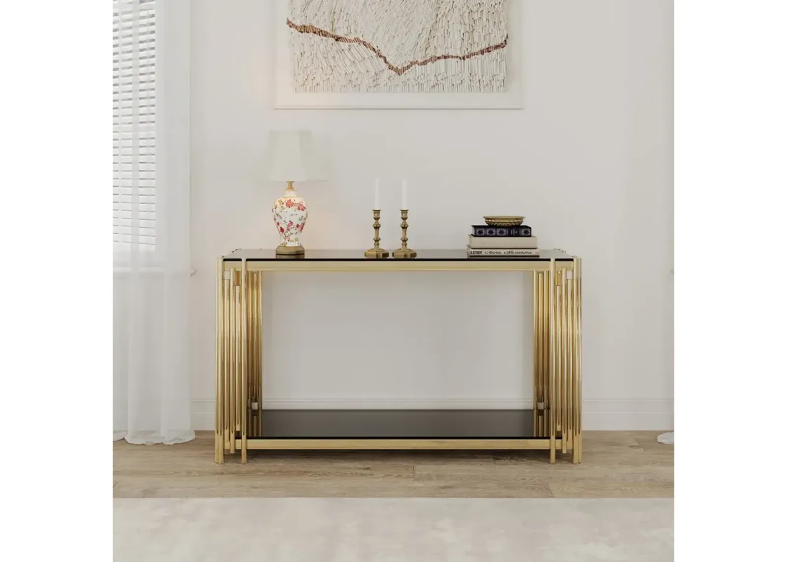 Gold Glass Console Table, 55" Sturdy Metal Frame, Black Tempered Glass Top