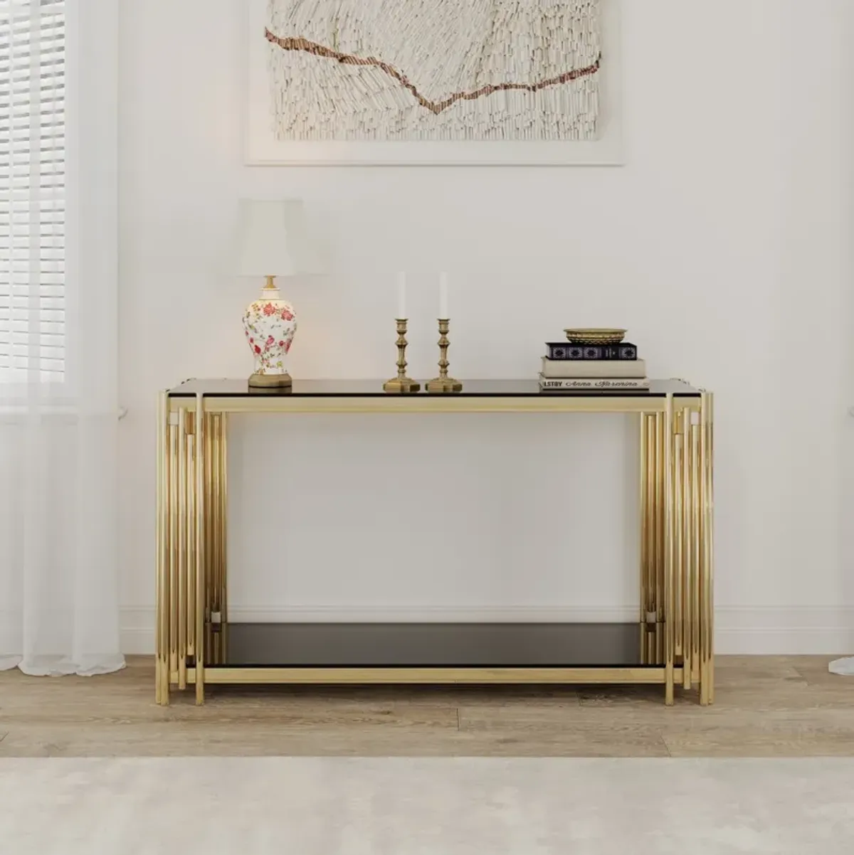 Gold Glass Console Table, 55" Sturdy Metal Frame, Black Tempered Glass Top