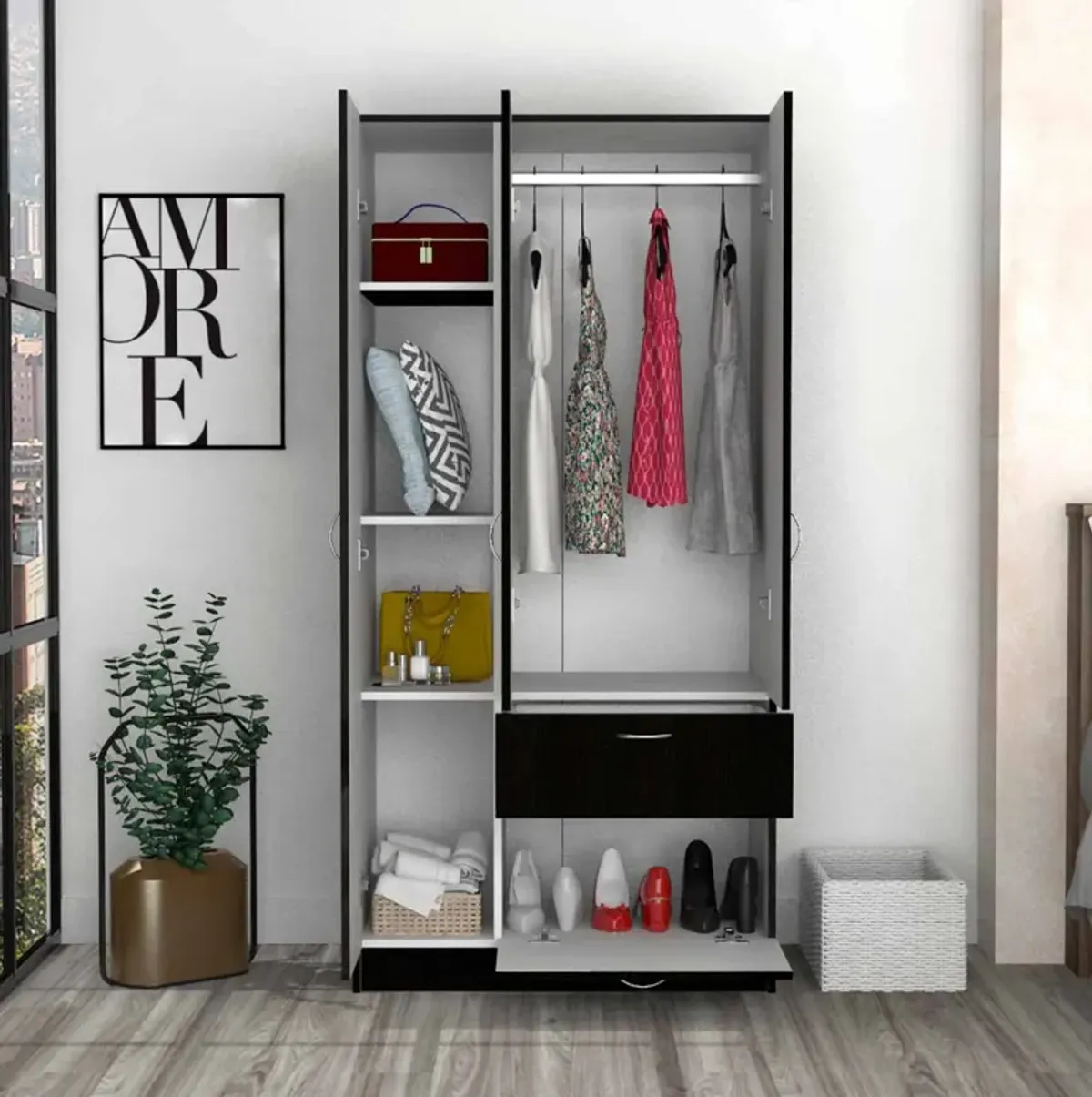 Streamdale Meredith 1-Drawer Rectangle Armoire Black Wengue And White