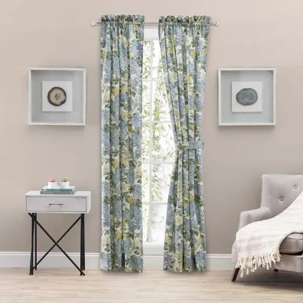 Ellis Hydrangea Classic Pattern Printed 1.5" Rod Pocket Window Tailored Tiers 68"x36" Blue
