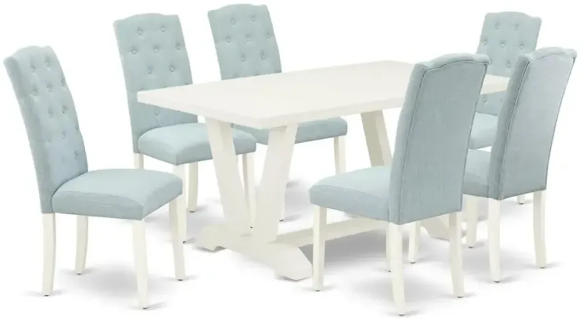 East West Furniture 7-Piece Dining Table Set- 6 Kitchen Chairs with Baby Blue Linen Fabric Seat and Button Tufted Chair Back - Rectangular Table Top & Wooden Legs - Linen White and Linen White Finish