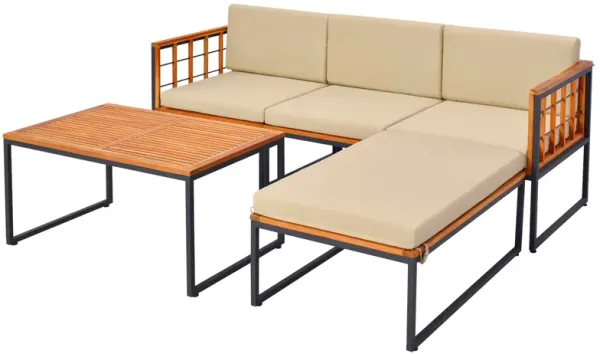 5 Pieces Patio Furniture Set Acacia Wood Sectional Set with Heavy-Duty Metal Frame-Beige