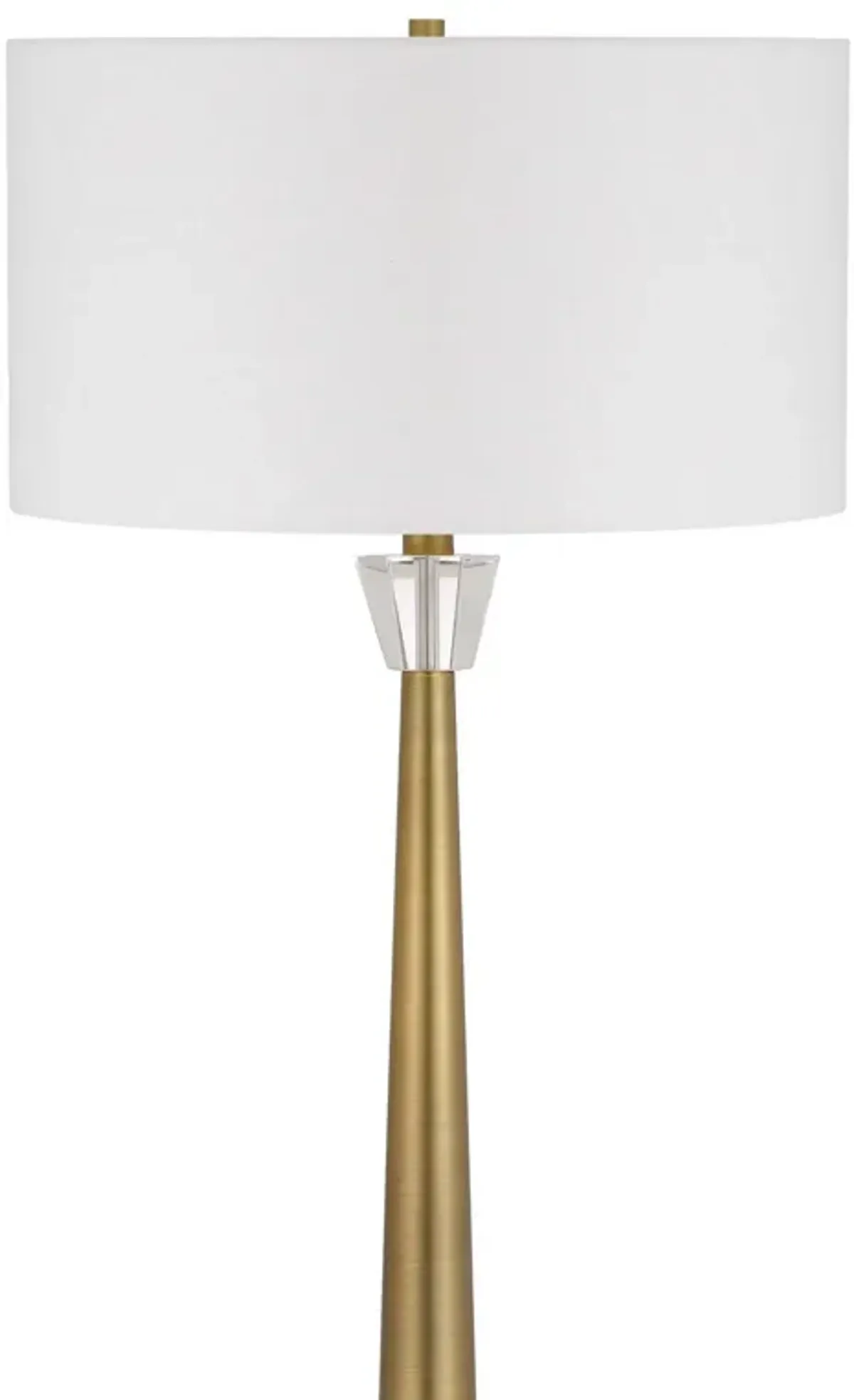 62 Inch Floor Lamp with White Drum Shade, Marble Base, Crystal, Brass - Benzara