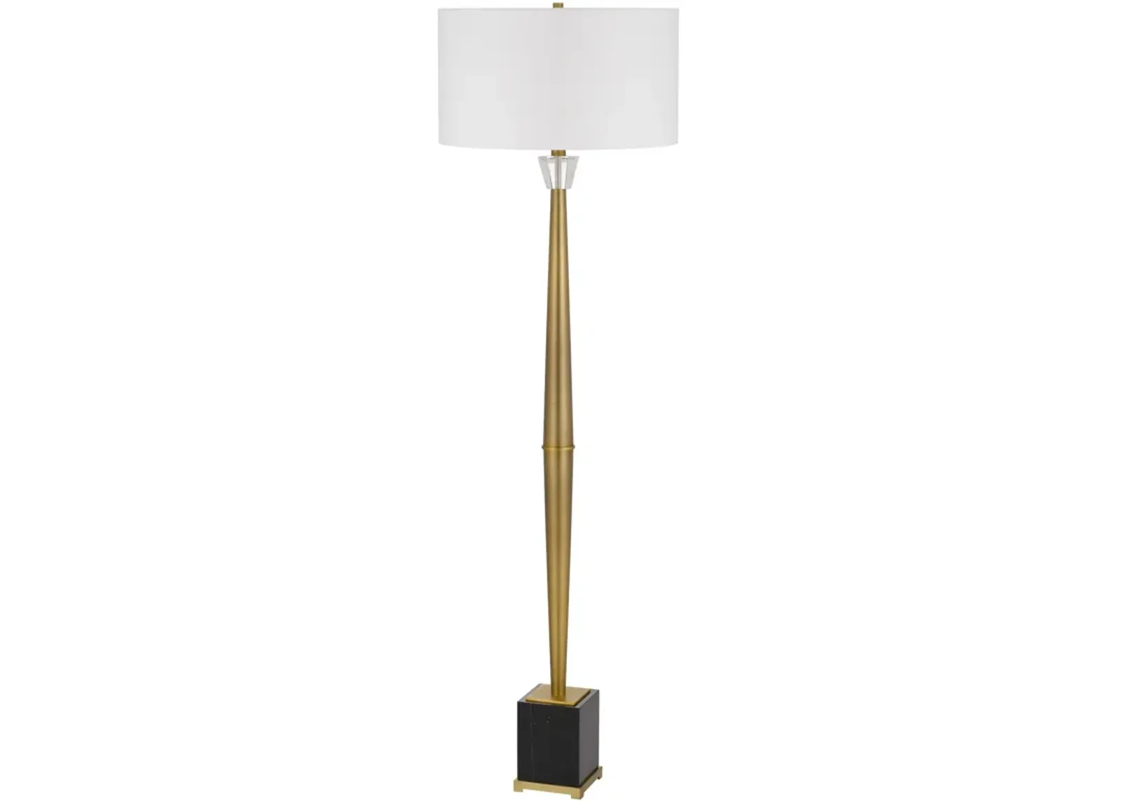 62 Inch Floor Lamp with White Drum Shade, Marble Base, Crystal, Brass - Benzara