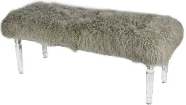 49 Inch Accent Bench, Faux Fur Seat, Clear Acrylic Legs, Smooth Rich Brown