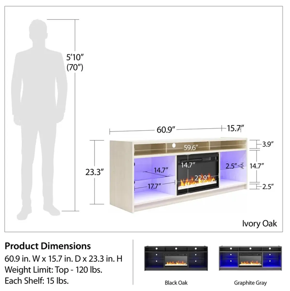 Ameriwood Home Luna Electric Fireplace Space Heater TV Stand for TVs up to 65", Graphite Gray