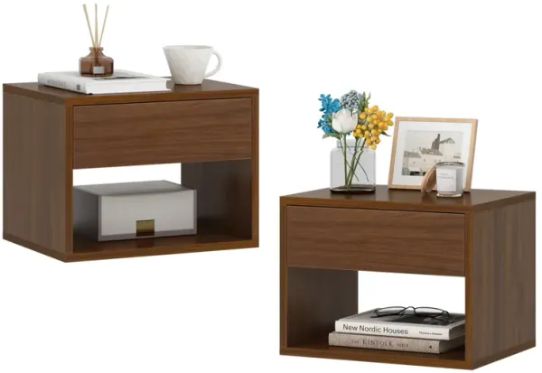 Set of 2 Wall-mounted Nightstand, Floating Side Table with Drawer and Open Shelf for Living Room, Bedroom and Study, Walnut