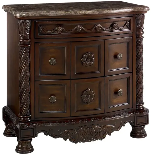 Nightstand with 3 Drawer and Ornate Carved Applique, Brown-Benzara