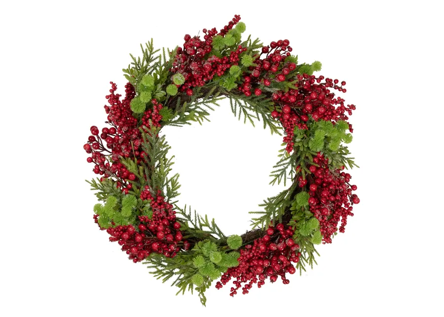 Red Berry and Frosted Pine Christmas Wreath  28-Inch  Unlit