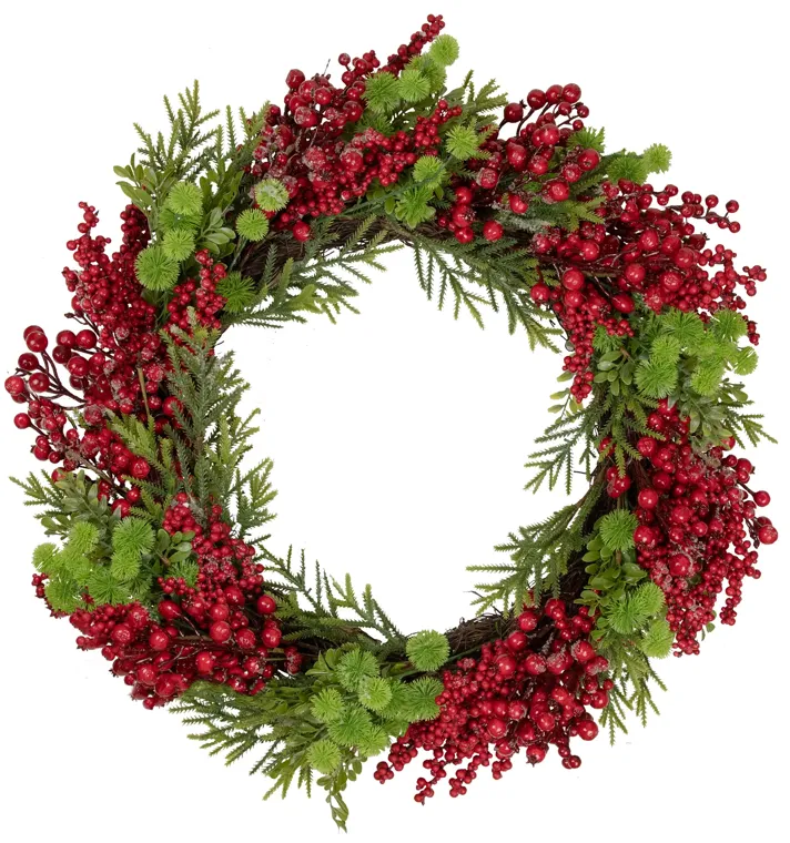 Red Berry and Frosted Pine Christmas Wreath  28-Inch  Unlit