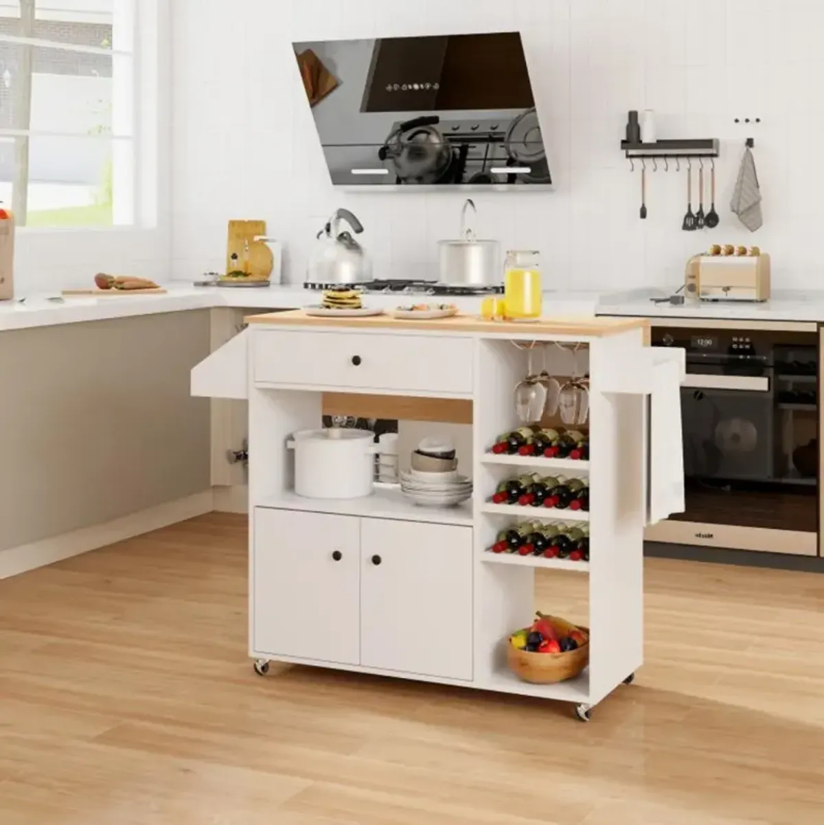 Hivvago Drop Leaf Mobile Kitchen Island Cart with Power Outlet and Adjustable Shelf