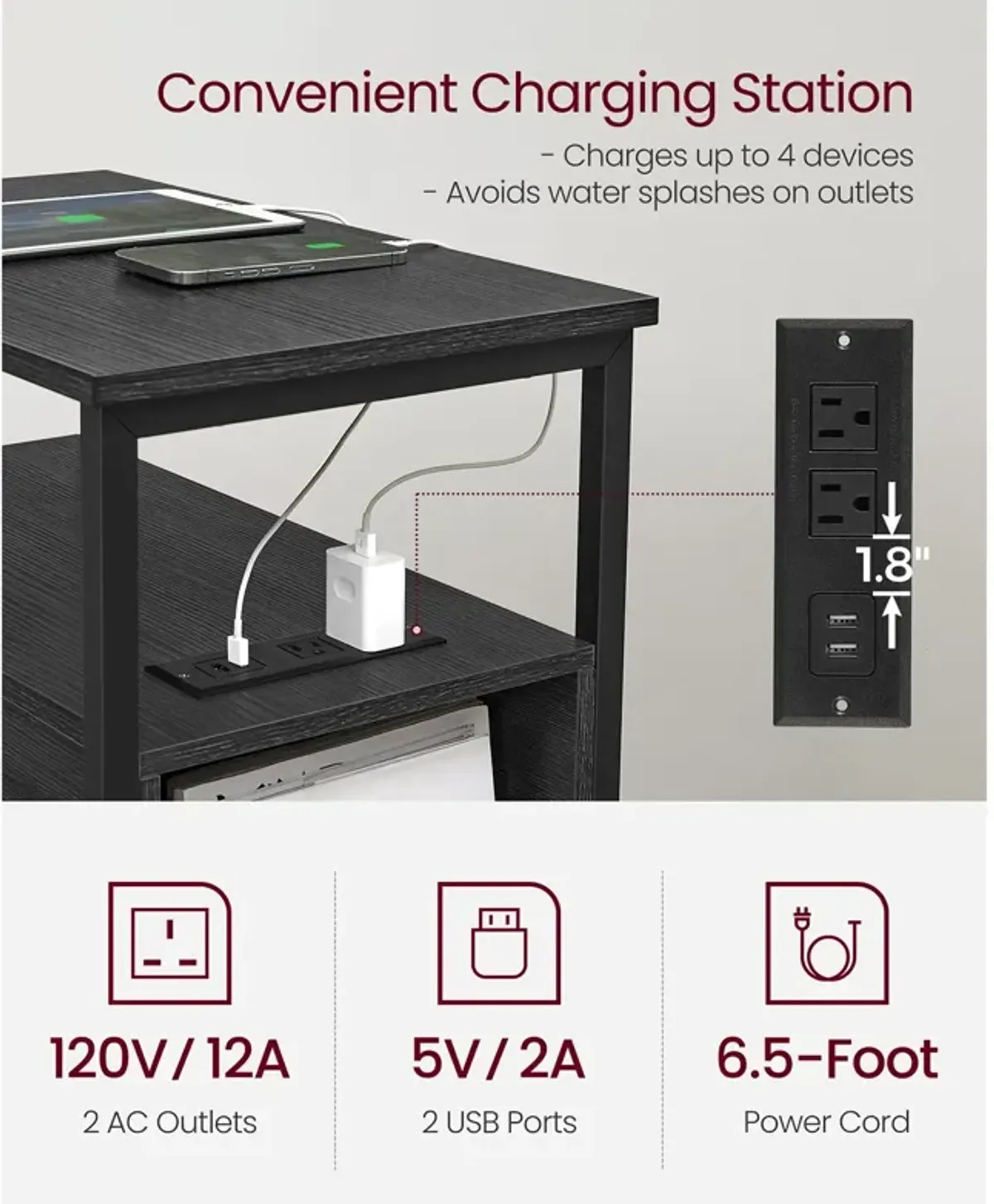 Side Table with Charging Station for Convenient Power Access and Modern Design