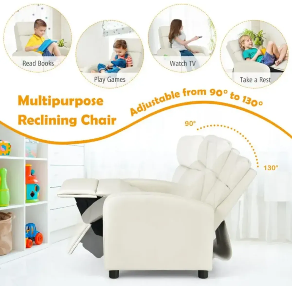 Hivvago Ergonomic PU Leather Kids Recliner Lounge Sofa for 3-12 Age Group