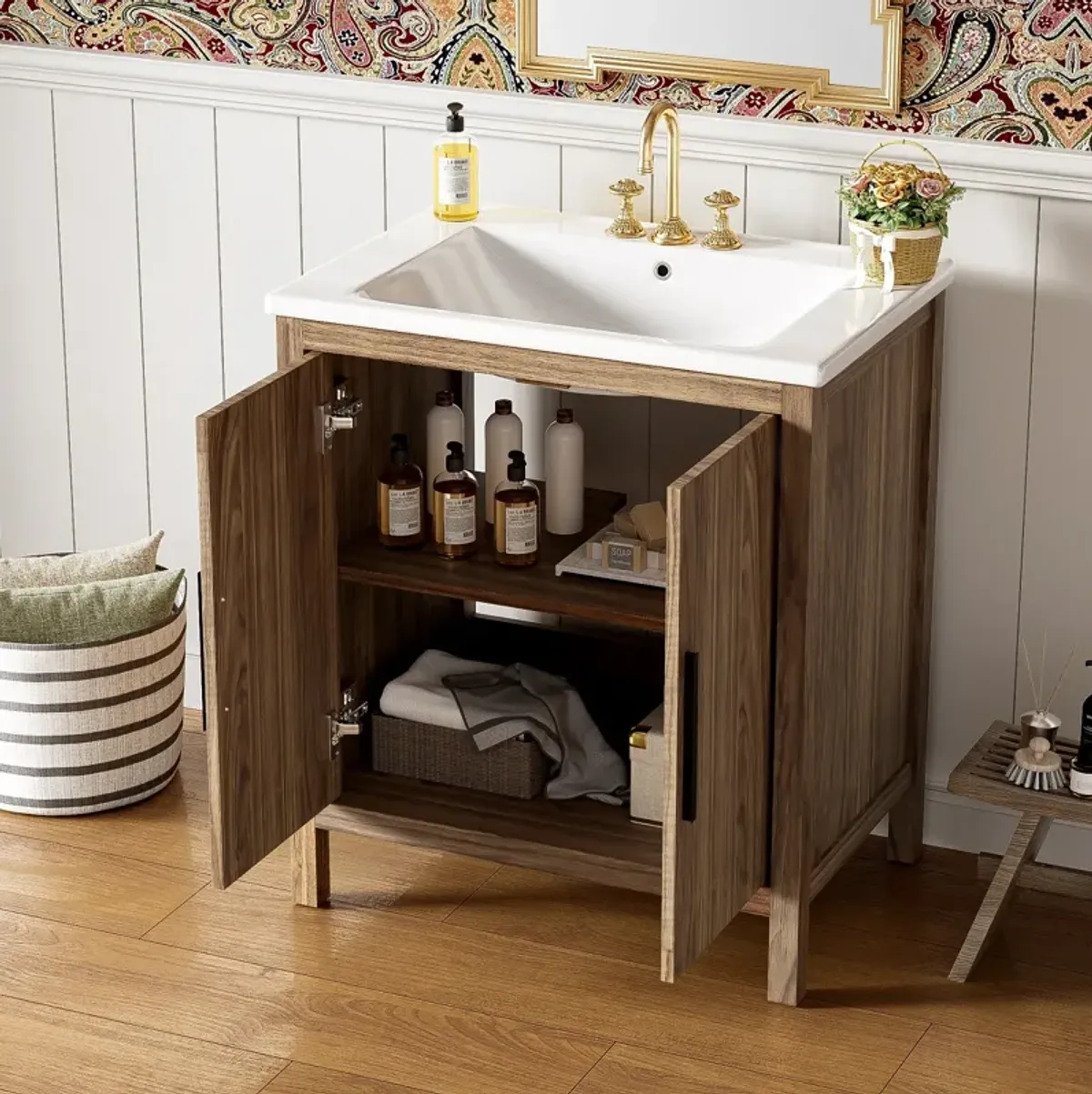 30" Wood Color Bathroom Vanity with Single Sink