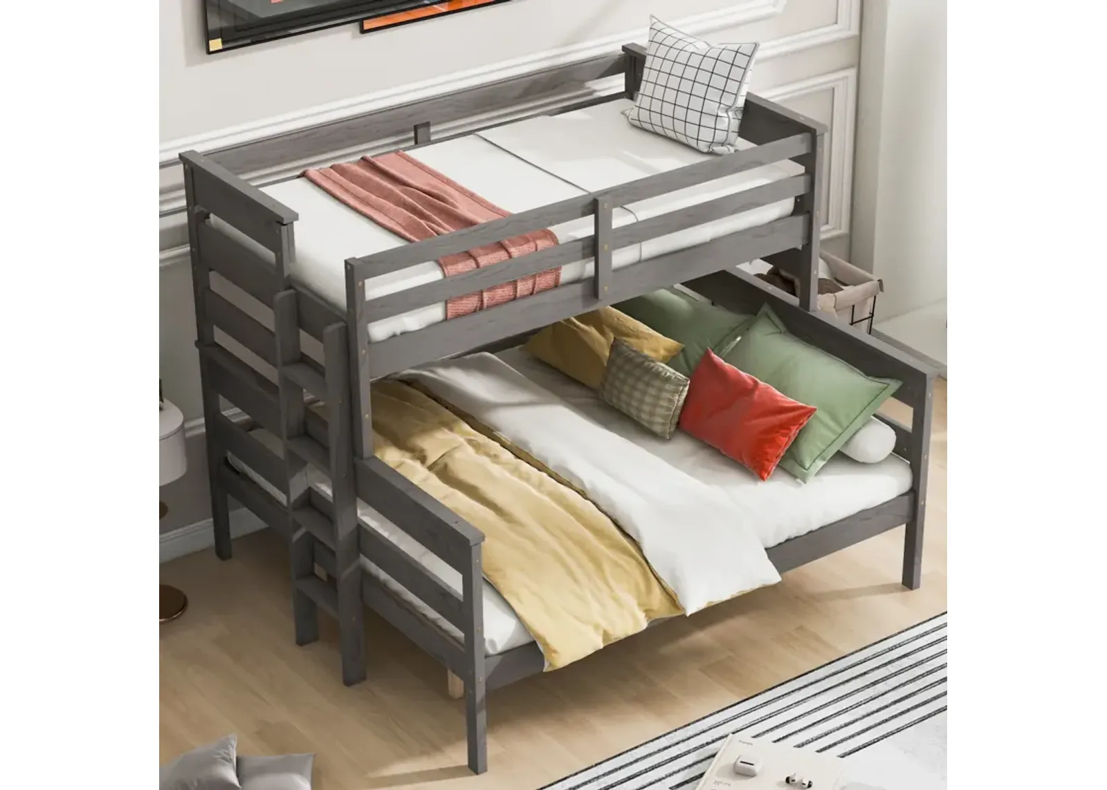 Wood Twin XL Over Queen Bunk Bed With Ladder