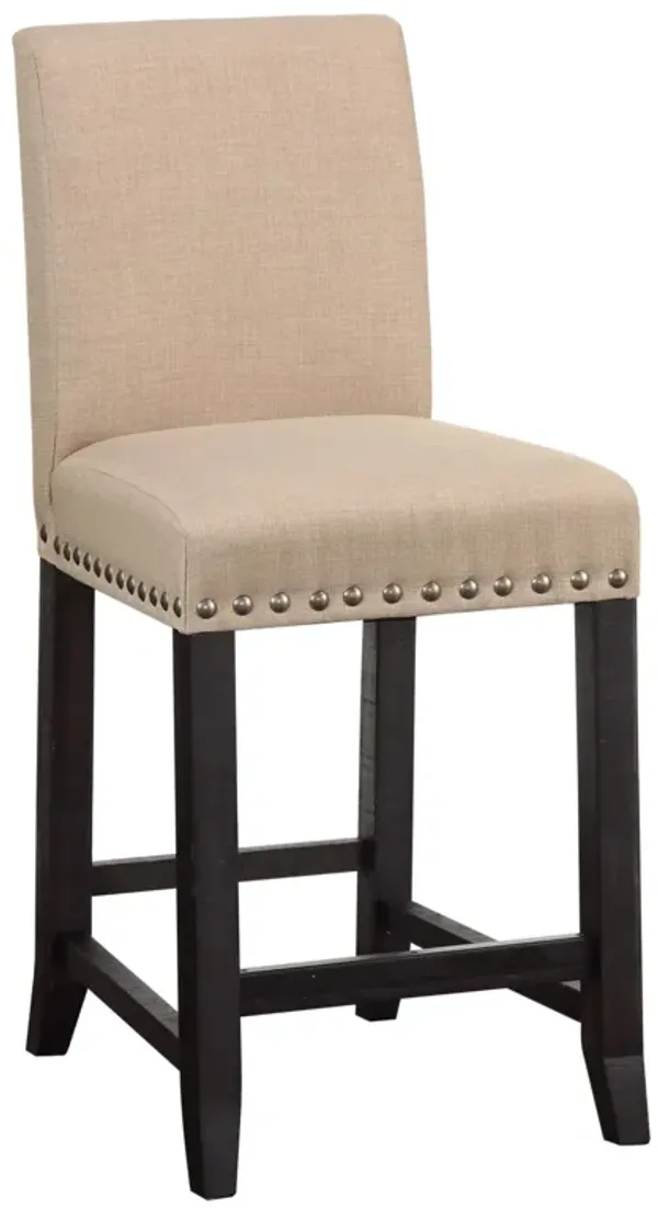 Fabric Upholstered Wooden Counter Height Stool with Nail head Trim, Set of 2,  Brown-Benzara