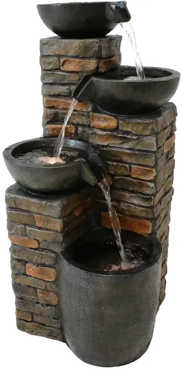 Sunnydaze Staggered Bowls Tiered Water Fountain with LED Lights - 34 in
