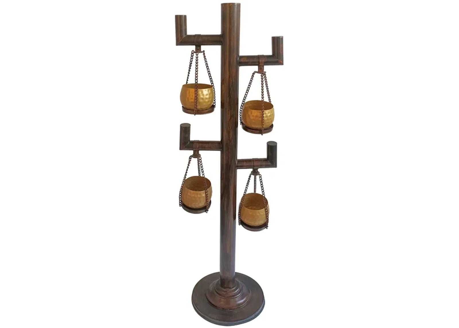 52 Inch Tall Plant Stand with 4 Hanging Pots, Antique Bronze, Gold, Black-Benzara