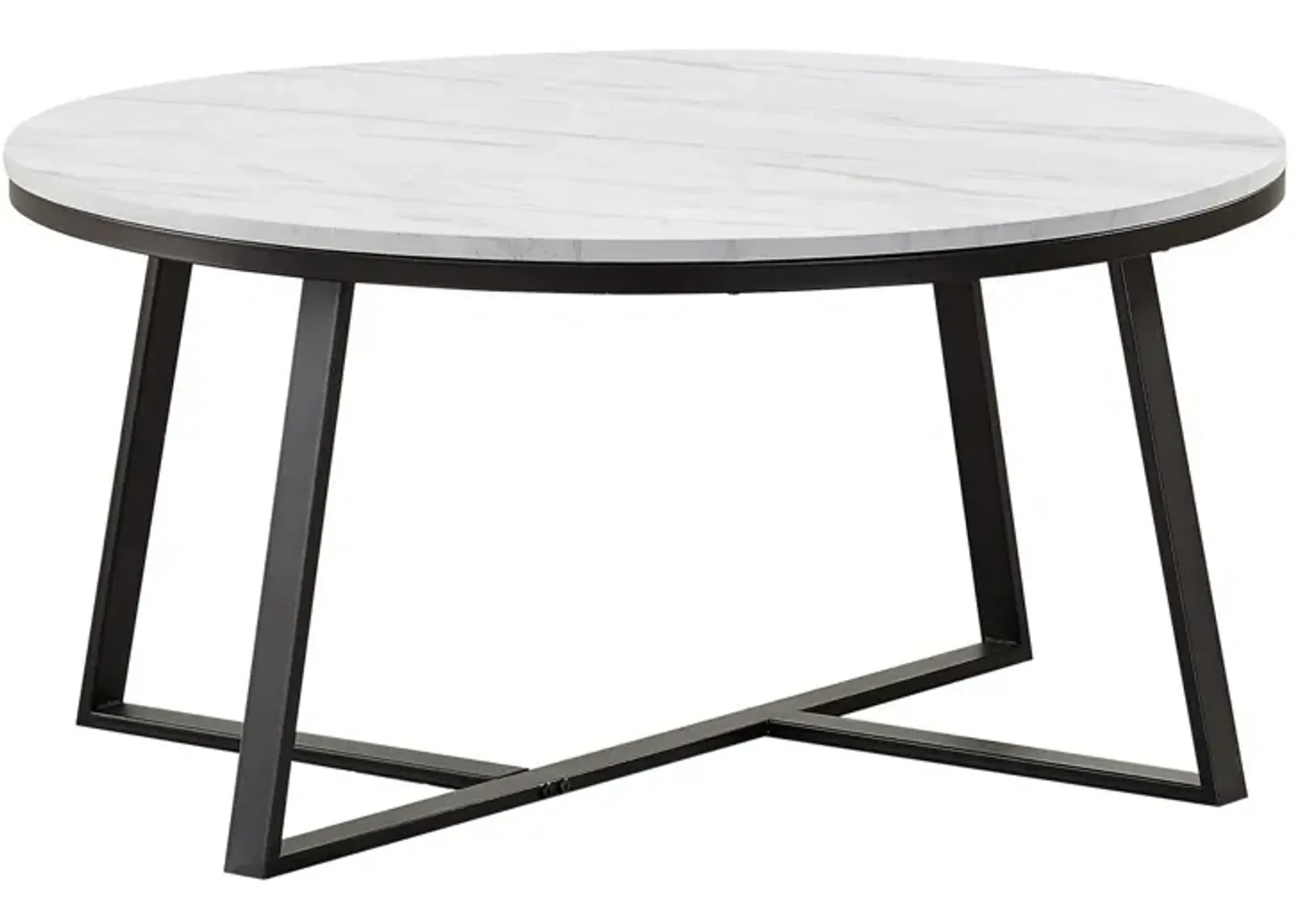 36 Inch Coffee Table, Faux Marble Tabletop, Sturdy Metal Base, White, Black-Benzara