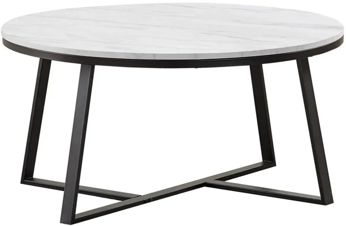 36 Inch Coffee Table, Faux Marble Tabletop, Sturdy Metal Base, White, Black-Benzara