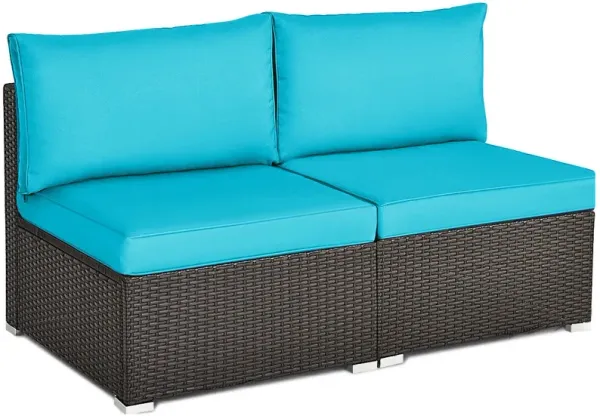 2 Pieces Patio Rattan Armless Sofa Set with 2 Cushions and 2 Pillows