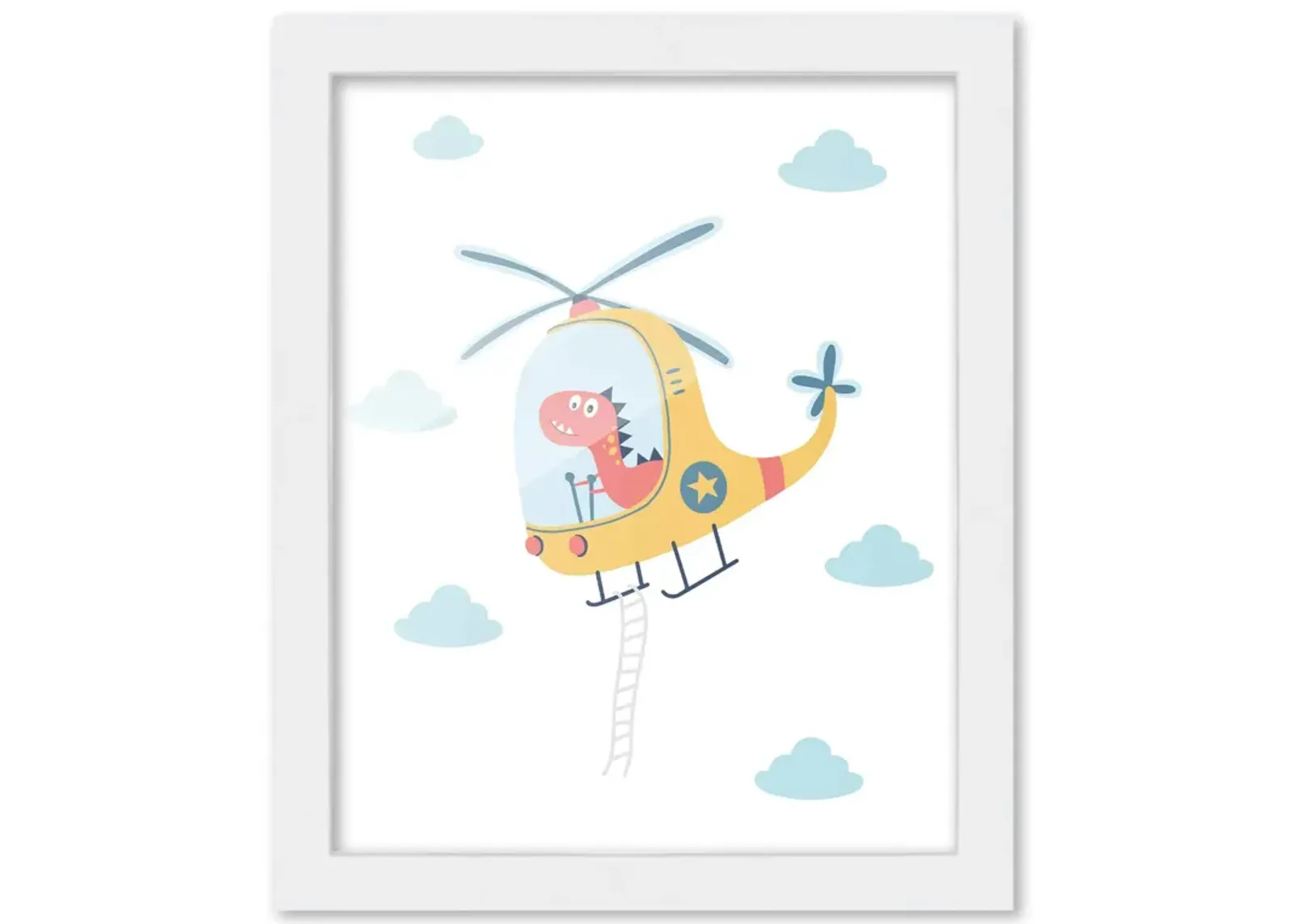 8x10 Framed Nursery Wall Art Hand Drawn Dinosaur Helicopter Poster in White Wood Frame For Kid Bedroom or Playroom