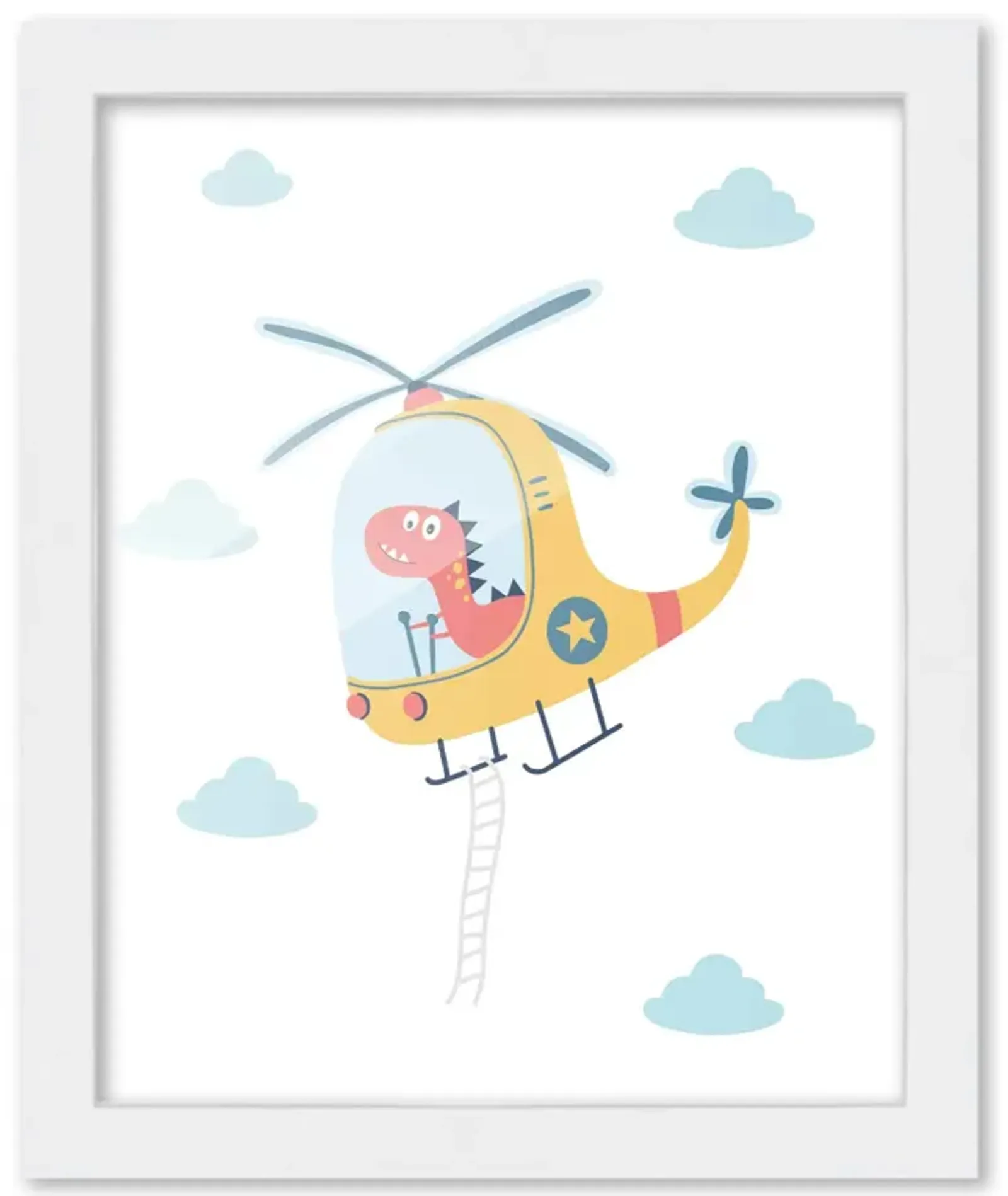 8x10 Framed Nursery Wall Art Hand Drawn Dinosaur Helicopter Poster in White Wood Frame For Kid Bedroom or Playroom