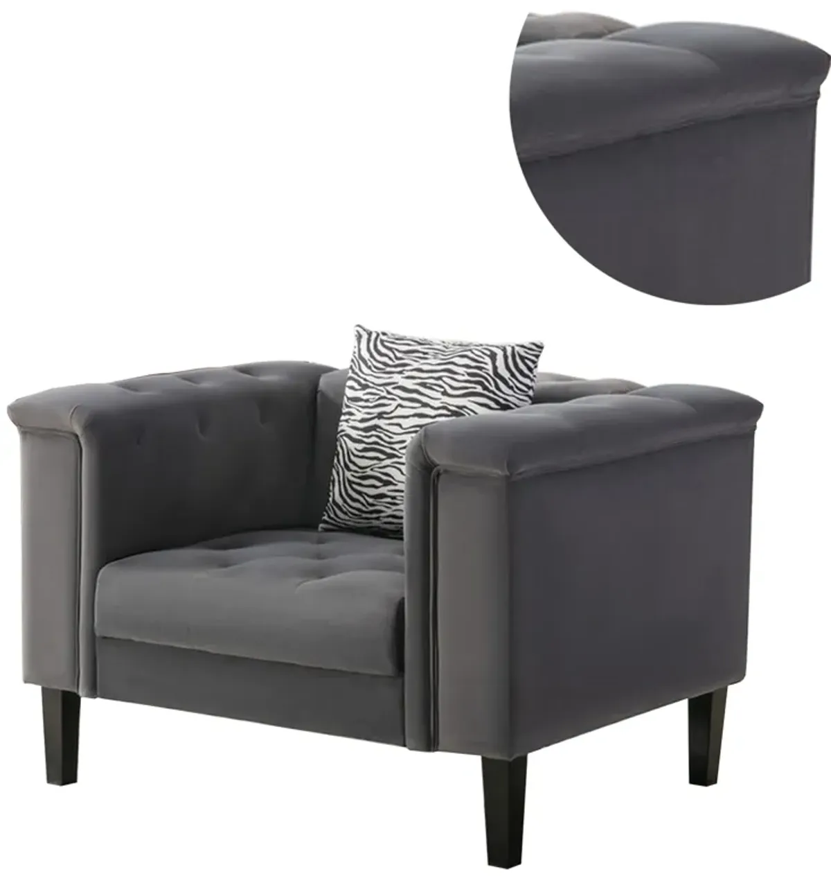 Aki 44 Inch Accent Chair with Pillow, Deep Button Tufted, Gray Velvet-Benzara