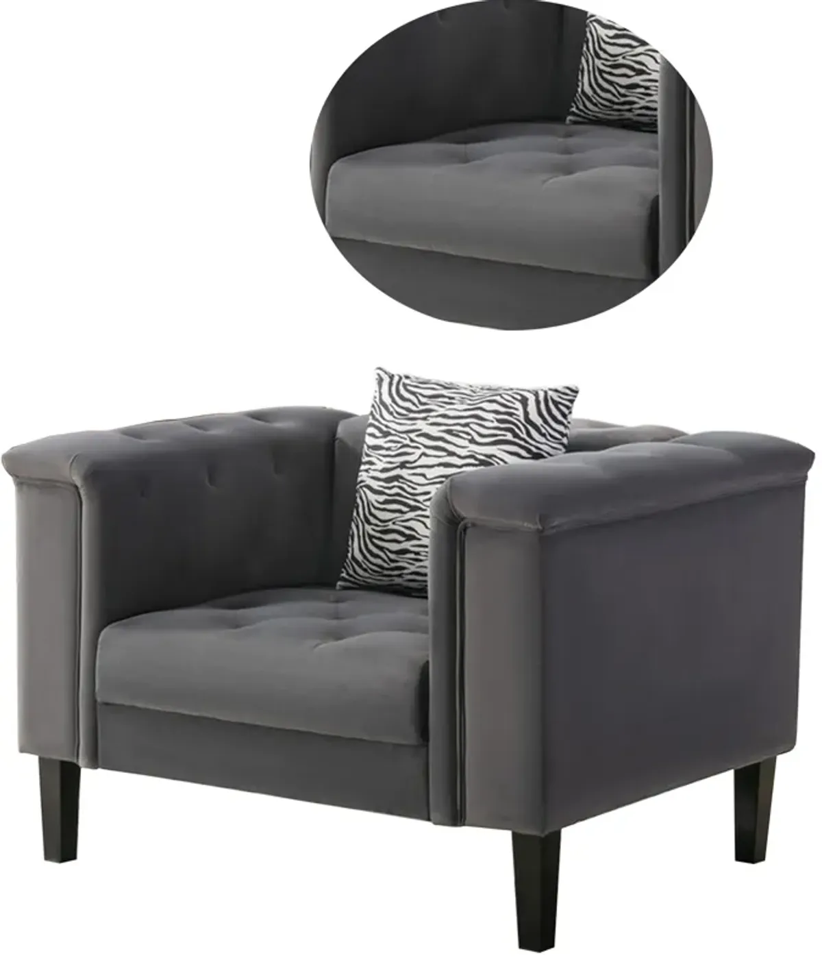 Aki 44 Inch Accent Chair with Pillow, Deep Button Tufted, Gray Velvet-Benzara