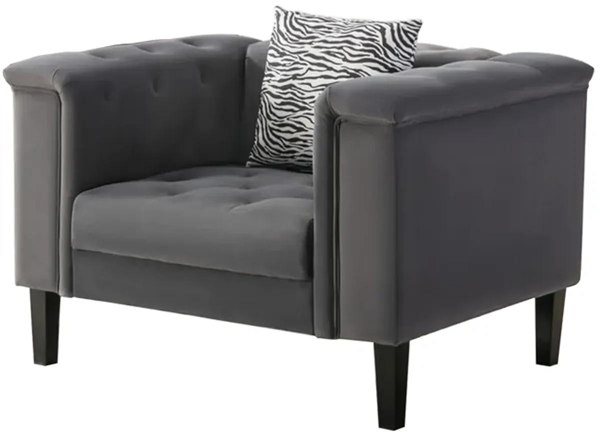 Aki 44 Inch Accent Chair with Pillow, Deep Button Tufted, Gray Velvet-Benzara